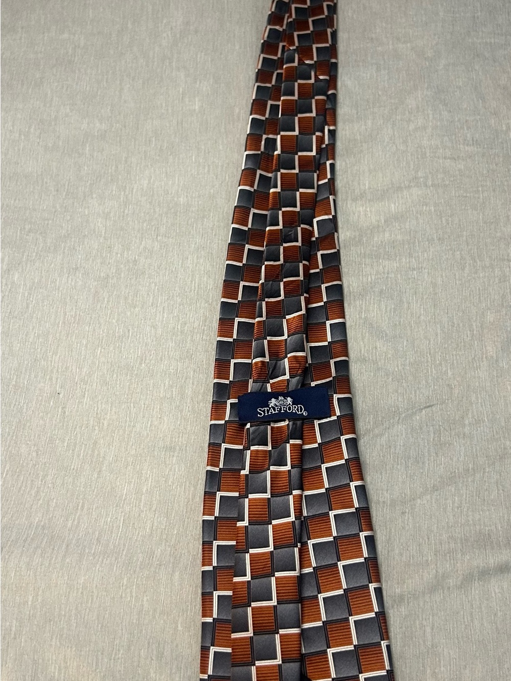 Stafford 100% imported silk  Brown, Gray & Black Geometric Check Tie